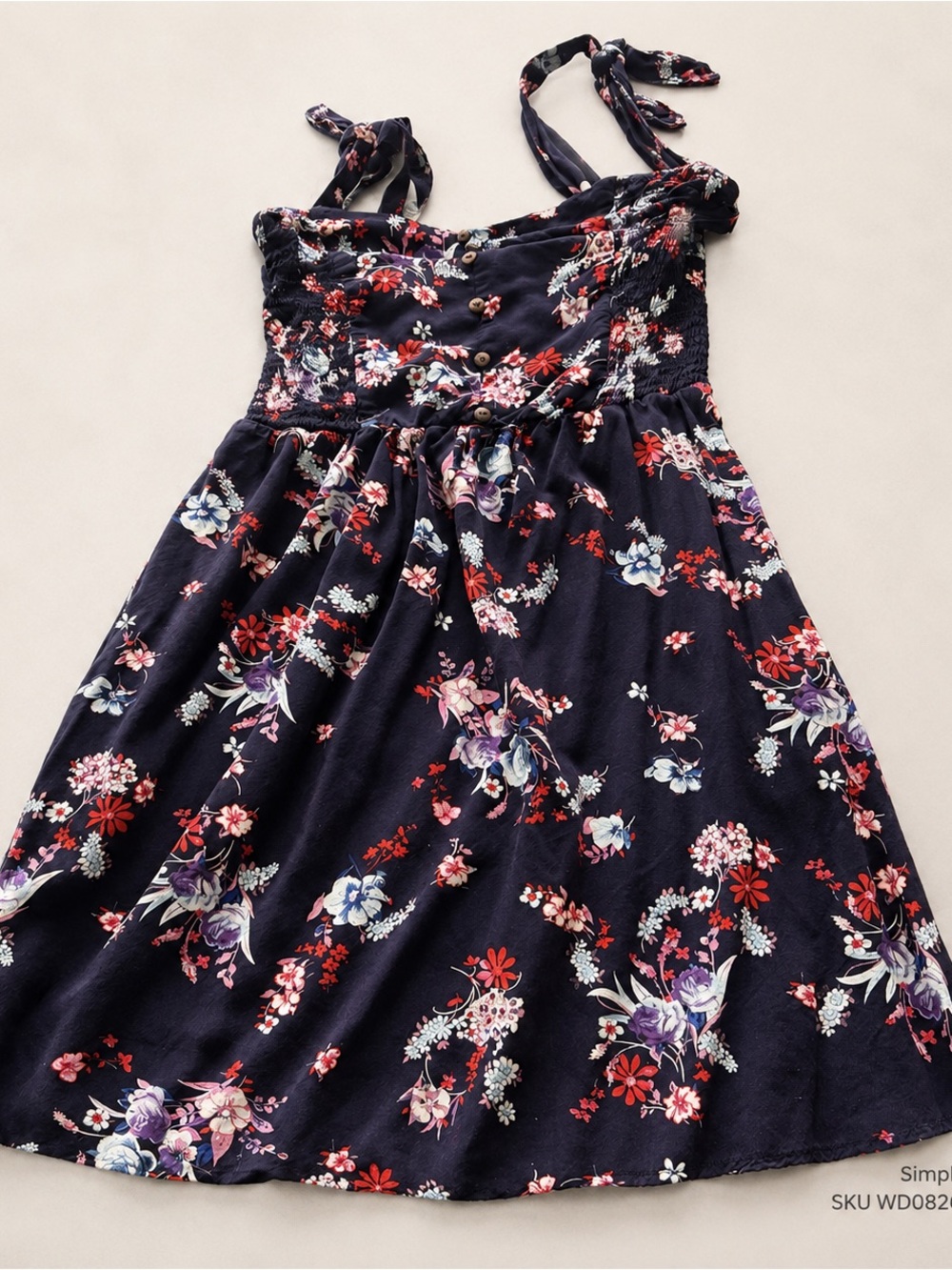 ShoSho Navy Floral Mini Dress Women’s Medium Smocked Tie Strap Boho Sundress